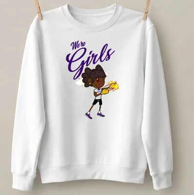 Cartoon boxer girl with gloves, playful text We're Girls in fun colors — printed on a unisex sweatshirt