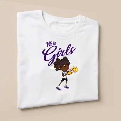 Cartoon boxer girl with gloves, playful text We're Girls in fun colors — printed on a unisex t-shirt (angled view)