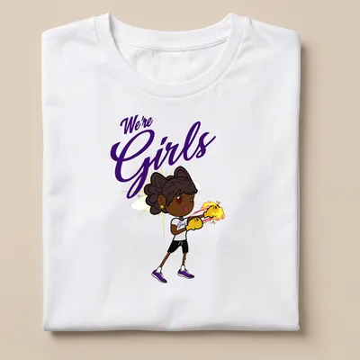 Cartoon boxer girl with gloves, playful text We're Girls in fun colors — printed on a unisex t-shirt