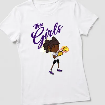 Cartoon boxer girl with gloves, playful text We're Girls in fun colors — printed on a women's shirt