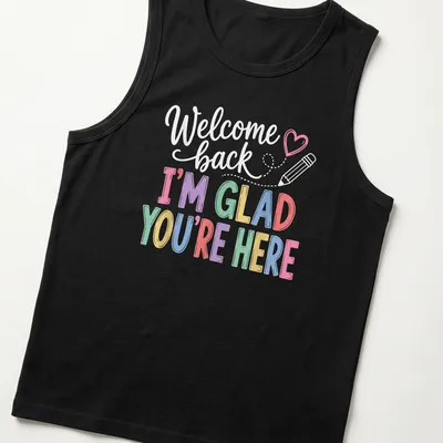 Colorful typography design with welcoming message in playful style — printed on a tank top