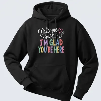 Colorful typography design with welcoming message in playful style — printed on a unisex hoodie