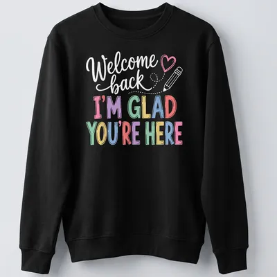 Colorful typography design with welcoming message in playful style — printed on a unisex sweatshirt