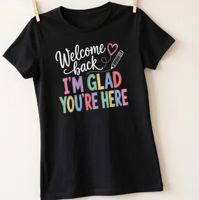 Colorful typography design with welcoming message in playful style — printed on a women's shirt