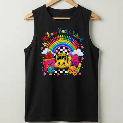 Kawaii cartoon of a yellow school bus with colorful accents and back-to-school text — printed on a tank top