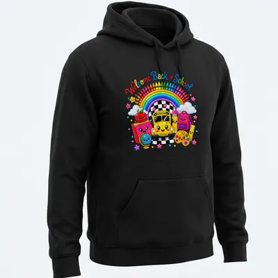 Kawaii cartoon of a yellow school bus with colorful accents and back-to-school text — printed on a unisex hoodie