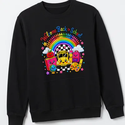 Kawaii cartoon of a yellow school bus with colorful accents and back-to-school text — printed on a unisex sweatshirt