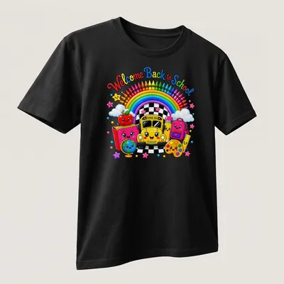 Kawaii cartoon of a yellow school bus with colorful accents and back-to-school text — printed on a unisex t-shirt (angled view)