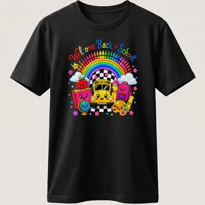 Kawaii cartoon of a yellow school bus with colorful accents and back-to-school text