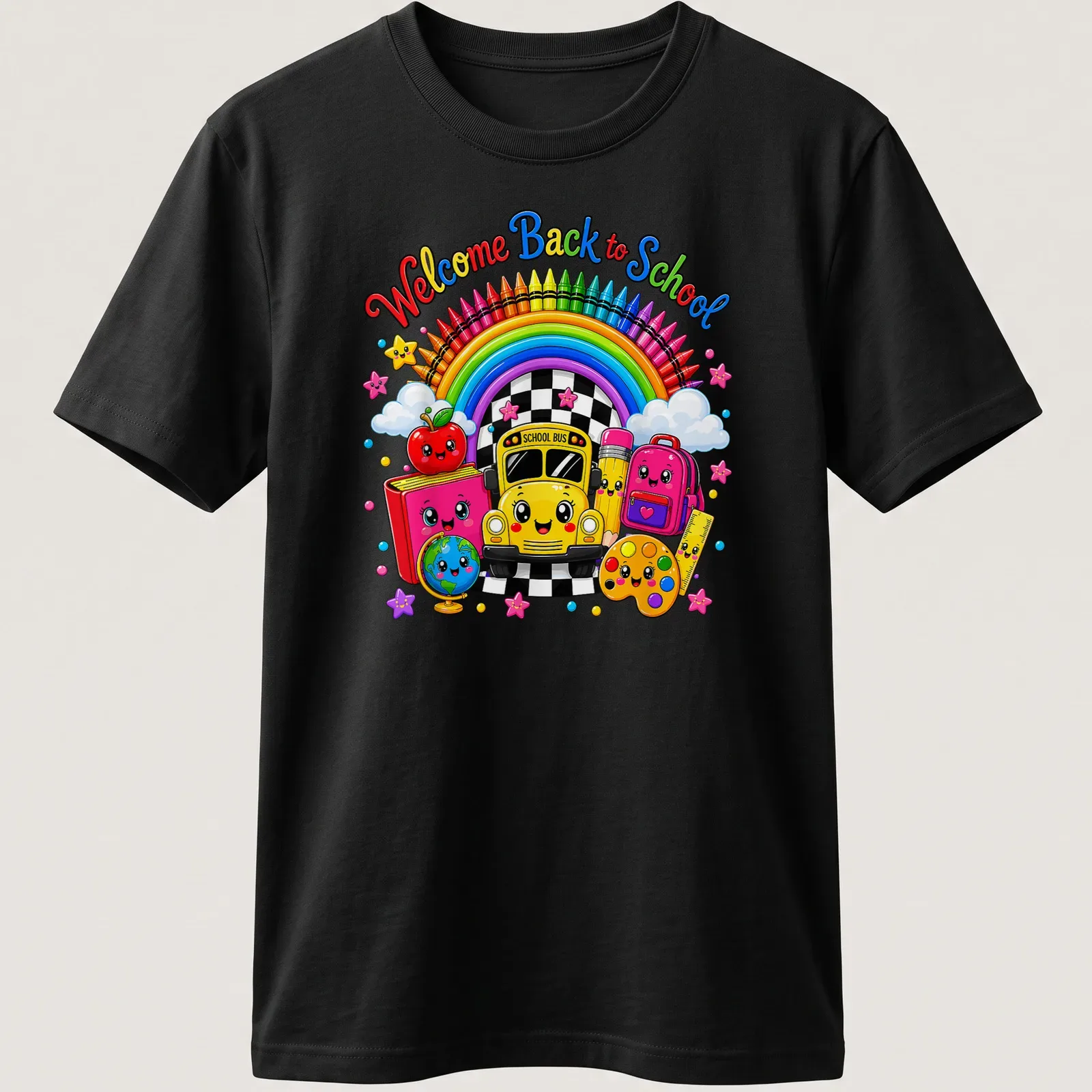 Kawaii cartoon of a yellow school bus with colorful accents and back-to-school text — printed on a unisex t-shirt