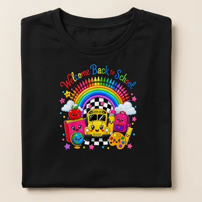 Kawaii cartoon of a yellow school bus with colorful accents and back-to-school text — printed on a women's shirt
