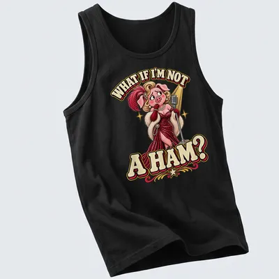 Vintage cartoon pig in stylish dress with humorous quote about being a ham — printed on a tank top