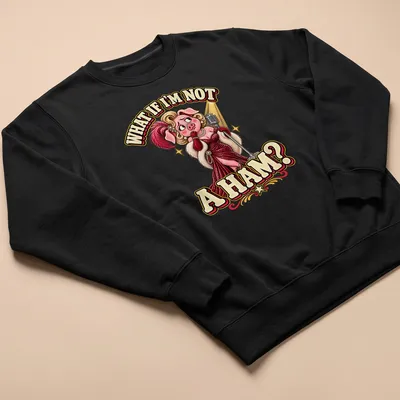 Vintage cartoon pig in stylish dress with humorous quote about being a ham — printed on a unisex sweatshirt