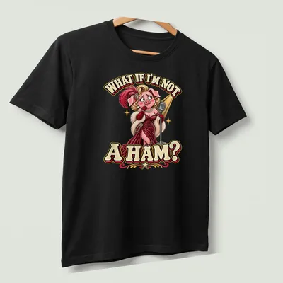 Vintage cartoon pig in stylish dress with humorous quote about being a ham — printed on a unisex t-shirt (angled view)