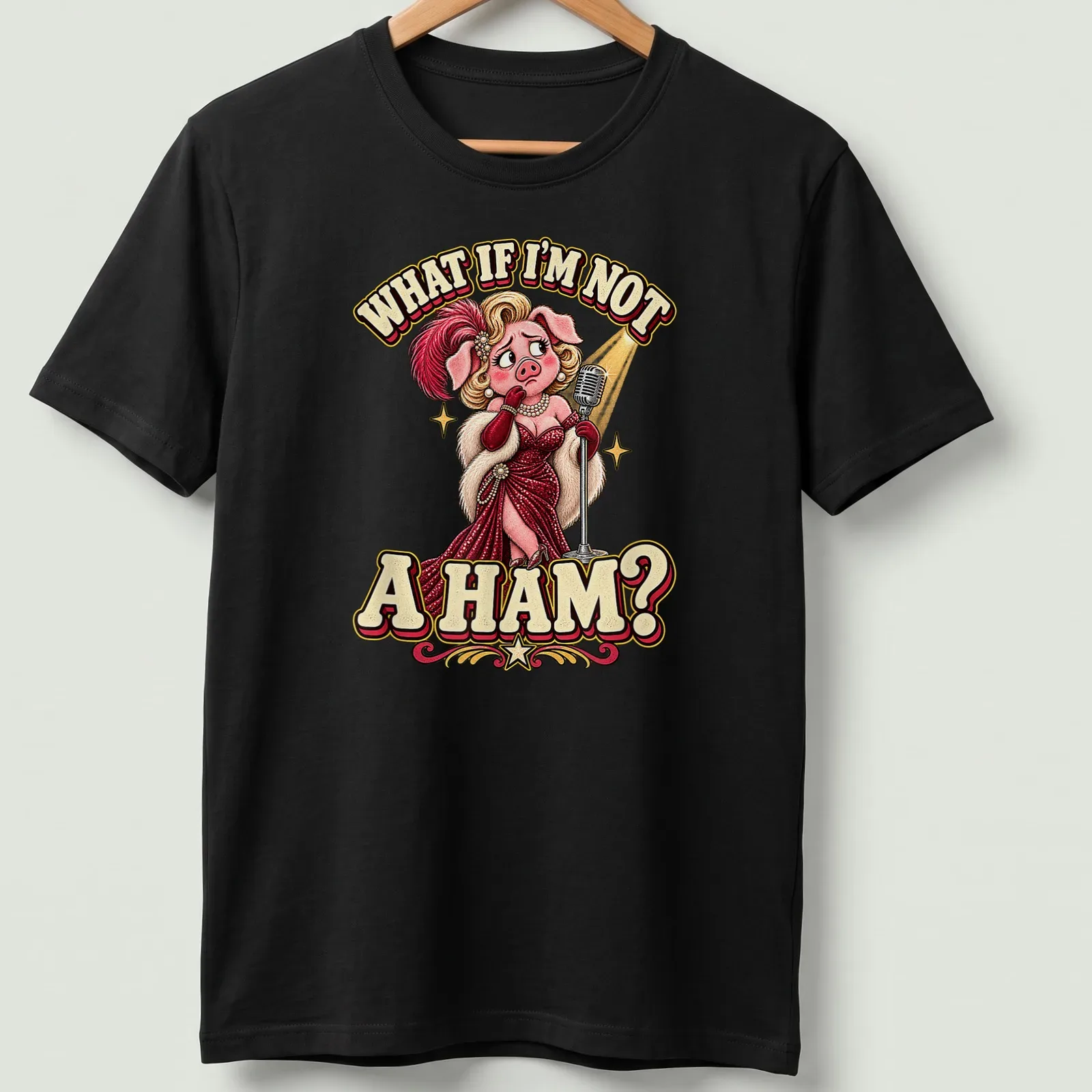 Vintage cartoon pig in stylish dress with humorous quote about being a ham — printed on a unisex t-shirt