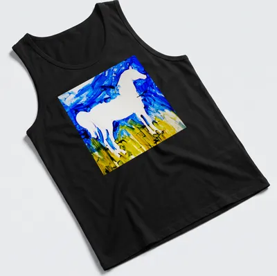 Abstract brushstroke design of a white horse silhouette against a blue background — printed on a tank top