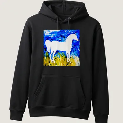Abstract brushstroke design of a white horse silhouette against a blue background — printed on a unisex hoodie