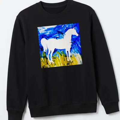 Abstract brushstroke design of a white horse silhouette against a blue background — printed on a unisex sweatshirt