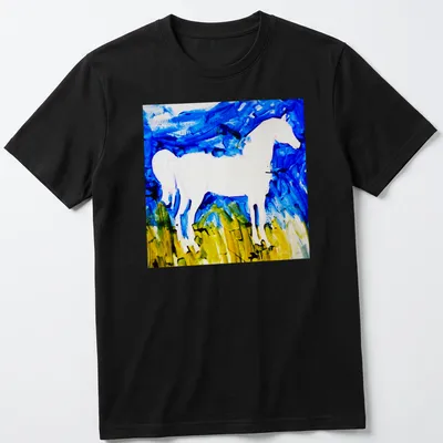 Abstract brushstroke design of a white horse silhouette against a blue background