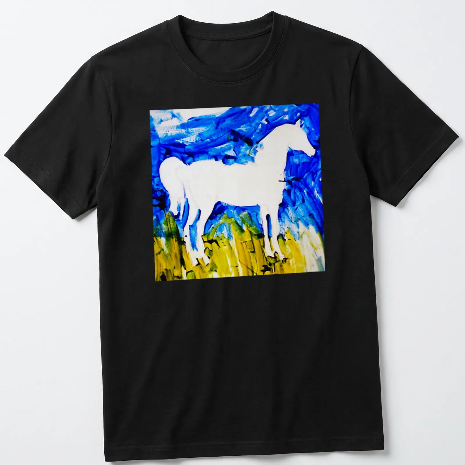 Abstract brushstroke design of a white horse silhouette against a blue background — printed on a unisex t-shirt