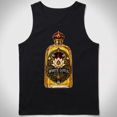 Vintage ornate print featuring a baby oil bottle with a lotus flower — printed on a tank top