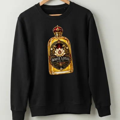 Vintage ornate print featuring a baby oil bottle with a lotus flower — printed on a unisex sweatshirt