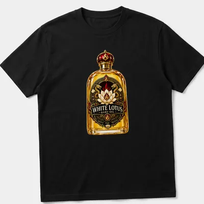 Vintage ornate print featuring a baby oil bottle with a lotus flower — printed on a unisex t-shirt