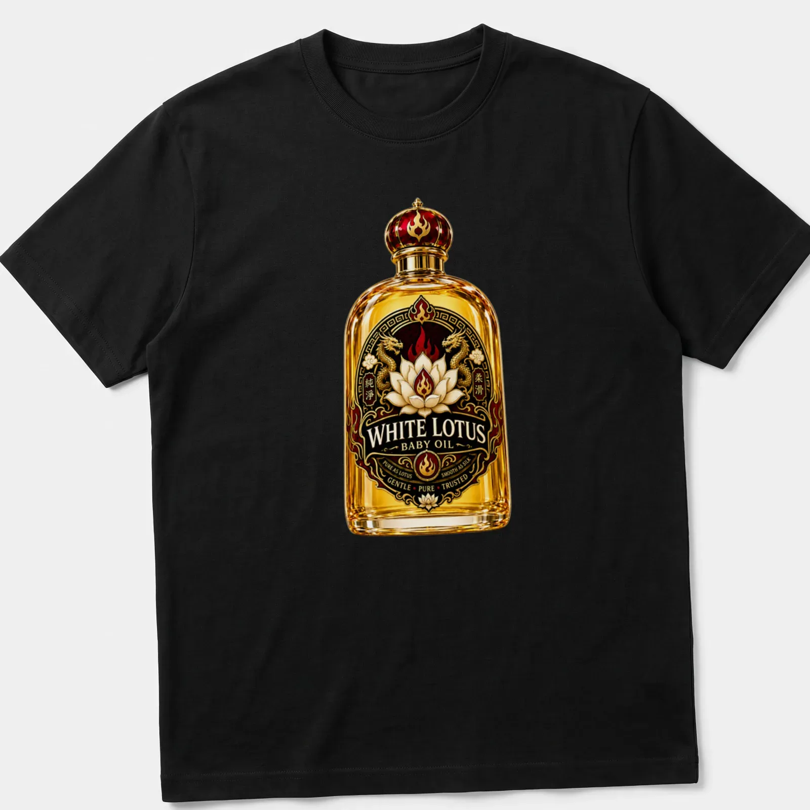 Vintage ornate print featuring a baby oil bottle with a lotus flower — printed on a unisex t-shirt