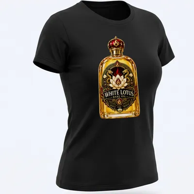 Vintage ornate print featuring a baby oil bottle with a lotus flower — printed on a women's shirt