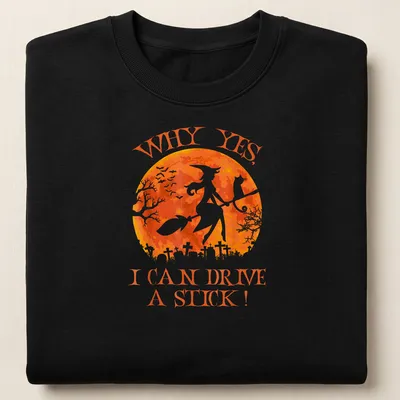 Whimsical watercolor print of a witch on a broomstick with a cat, featuring text about driving a stick. — printed on a unisex sweatshirt