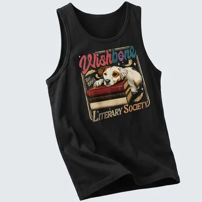 Vintage illustration of a dog resting on books with text about the Literary Society. — printed on a tank top