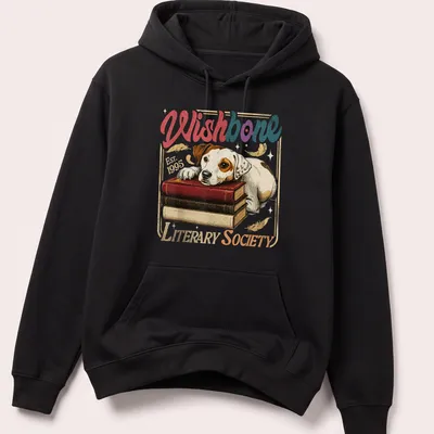 Vintage illustration of a dog resting on books with text about the Literary Society. — printed on a unisex hoodie