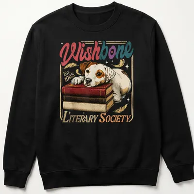 Vintage illustration of a dog resting on books with text about the Literary Society. — printed on a unisex sweatshirt