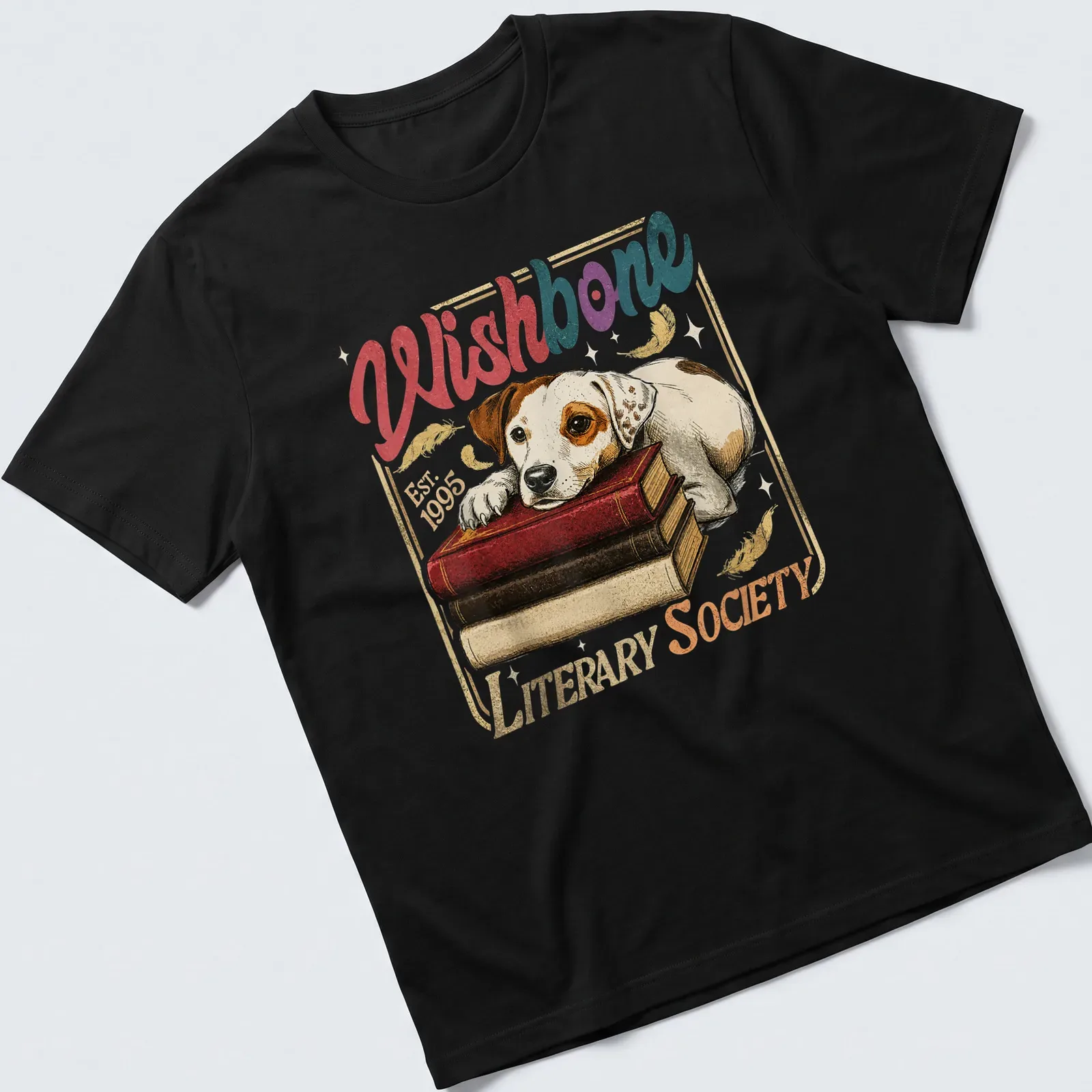 Vintage illustration of a dog resting on books with text about the Literary Society. — printed on a unisex t-shirt