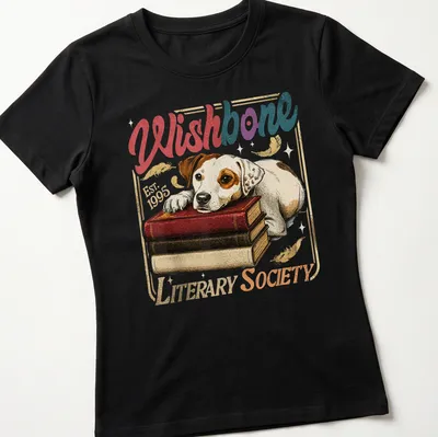 Vintage illustration of a dog resting on books with text about the Literary Society. — printed on a women's shirt
