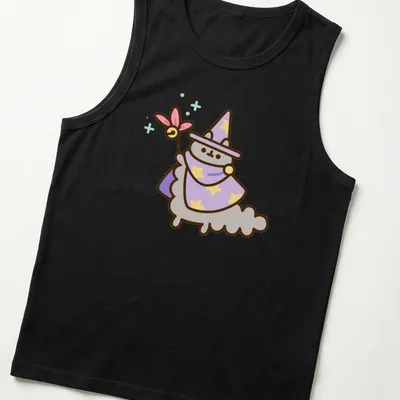 Kawaii cat character in wizard hat with pastel colors of purple, gray, yellow, and pink — printed on a tank top