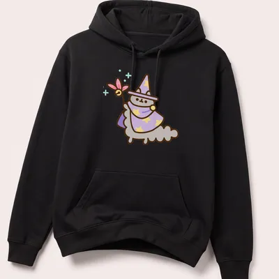 Kawaii cat character in wizard hat with pastel colors of purple, gray, yellow, and pink — printed on a unisex hoodie