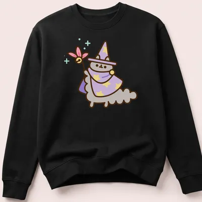 Kawaii cat character in wizard hat with pastel colors of purple, gray, yellow, and pink — printed on a unisex sweatshirt