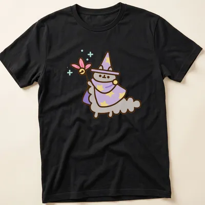 Kawaii cat character in wizard hat with pastel colors of purple, gray, yellow, and pink