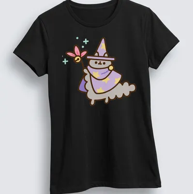 Kawaii cat character in wizard hat with pastel colors of purple, gray, yellow, and pink — printed on a women's shirt