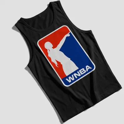 Bold WNBA T-shirt featuring a pointing silhouette of a female basketball player — printed on a tank top