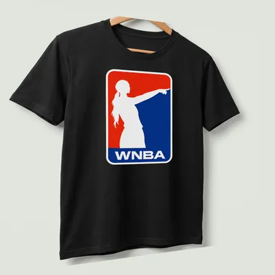 Bold WNBA T-shirt featuring a pointing silhouette of a female basketball player — printed on a unisex t-shirt (angled view)