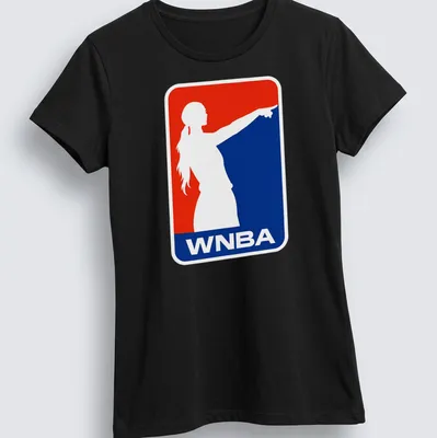 Bold WNBA T-shirt featuring a pointing silhouette of a female basketball player — printed on a women's shirt