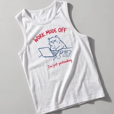 Funny cat t-shirt with playful text and line-art illustration in red, blue, and white — printed on a tank top