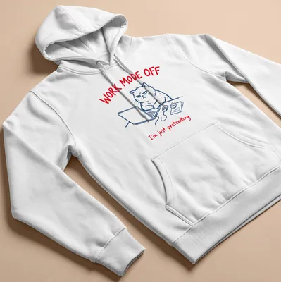 Funny cat t-shirt with playful text and line-art illustration in red, blue, and white — printed on a unisex hoodie