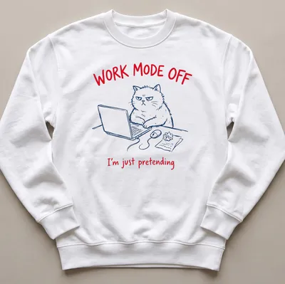 Funny cat t-shirt with playful text and line-art illustration in red, blue, and white — printed on a unisex sweatshirt