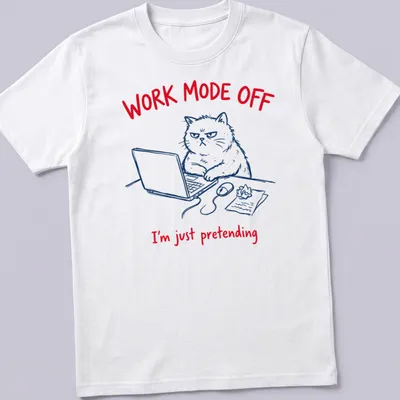 Funny cat t-shirt with playful text and line-art illustration in red, blue, and white