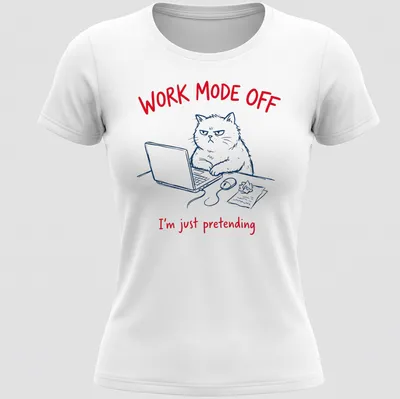 Funny cat t-shirt with playful text and line-art illustration in red, blue, and white — printed on a women's shirt