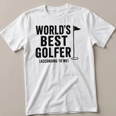 Vintage style shirt with bold text declaring 'World's Best Golfer (According To Me)' alongside a golf flag.