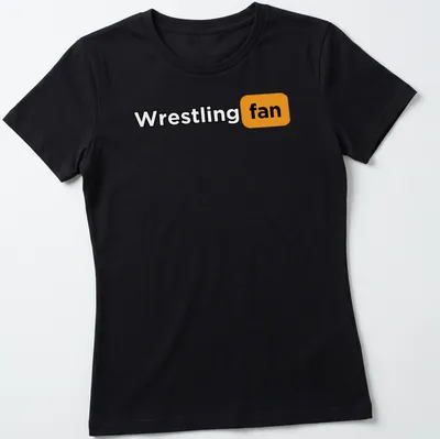 Bold typography Wrestling Fan T-shirt in black, orange, and white — printed on a women's shirt